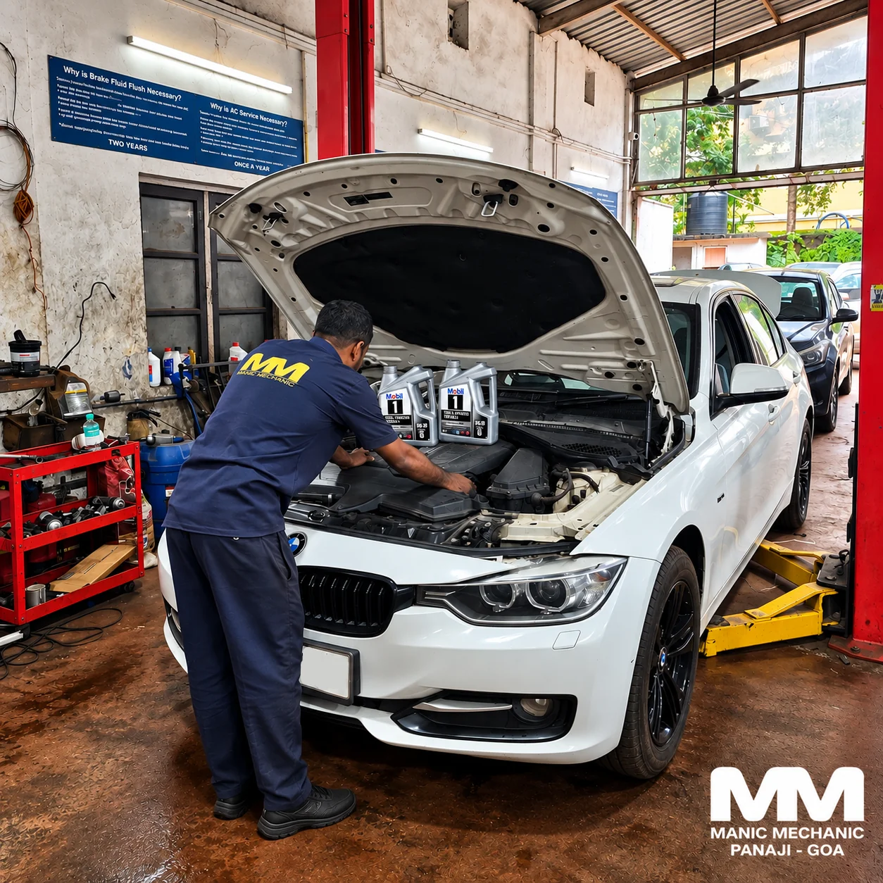 BMW 3 Series receiving annual service at Manic Mechanic Goa