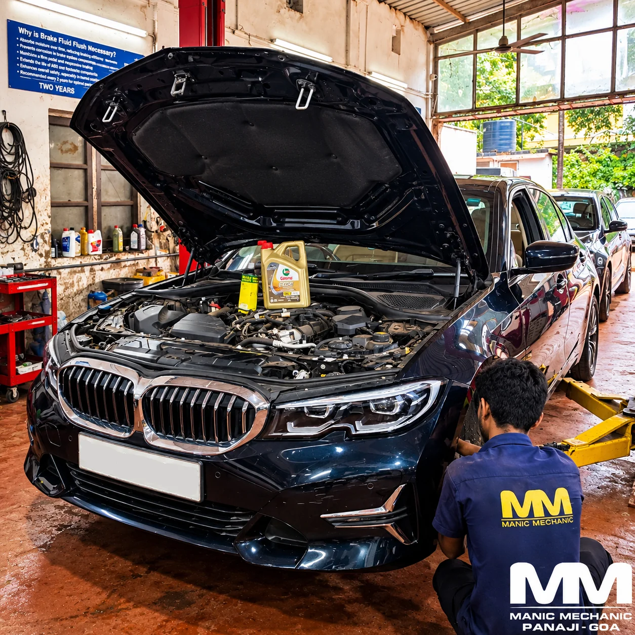 BMW 3 Series Li receiving annual service at Manic Mechanic Goa