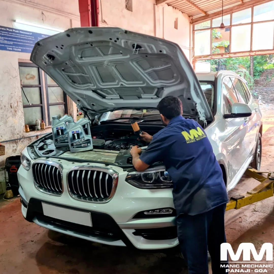 BMW X3 undergoing annual service at Manic Mechanic Goa with Mobil 1 engine oil