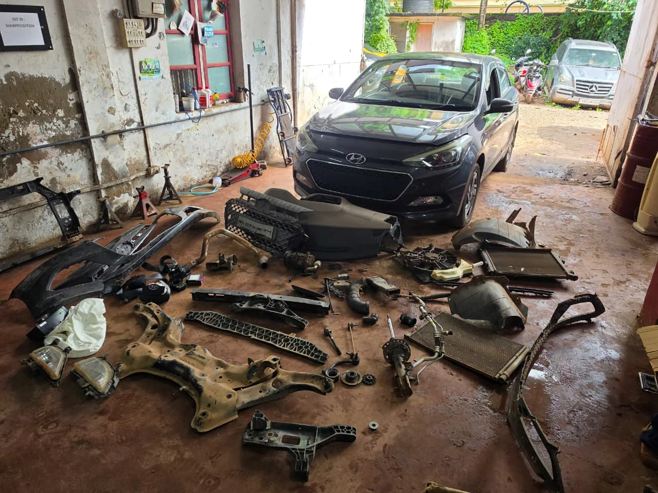 Finished Hyundai i20 with replaced frontal accident parts displayed in front