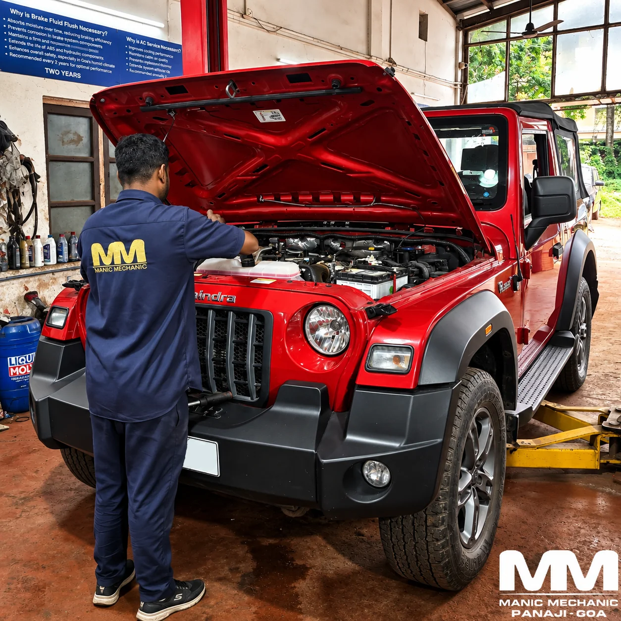 Mahindra Thar receiving annual service at Manic Mechanic Goa