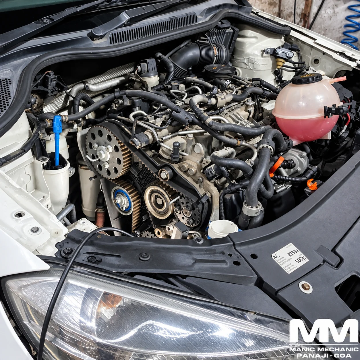 Engine bay undergoing mechanical repair at Manic Mechanic Goa
