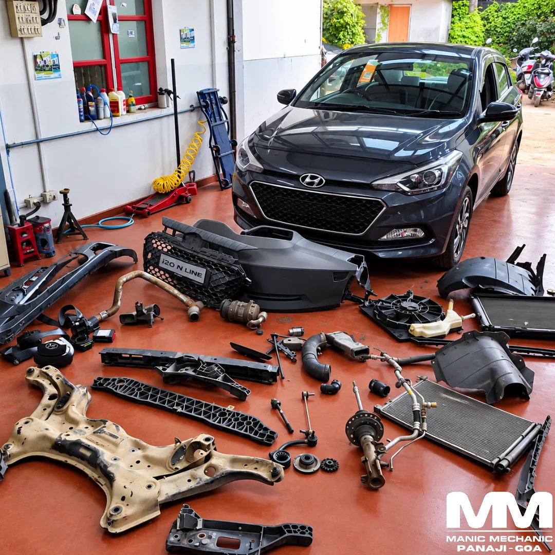 Hyundai i20 after frontal repair with replaced parts displayed