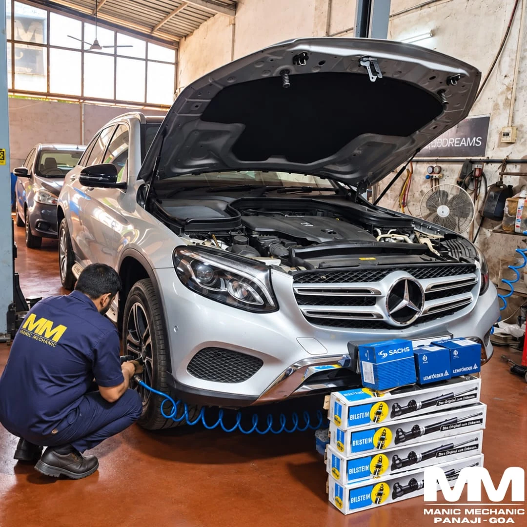 Mercedes GLC undergoing complete suspension replacement at Manic Mechanic Goa
