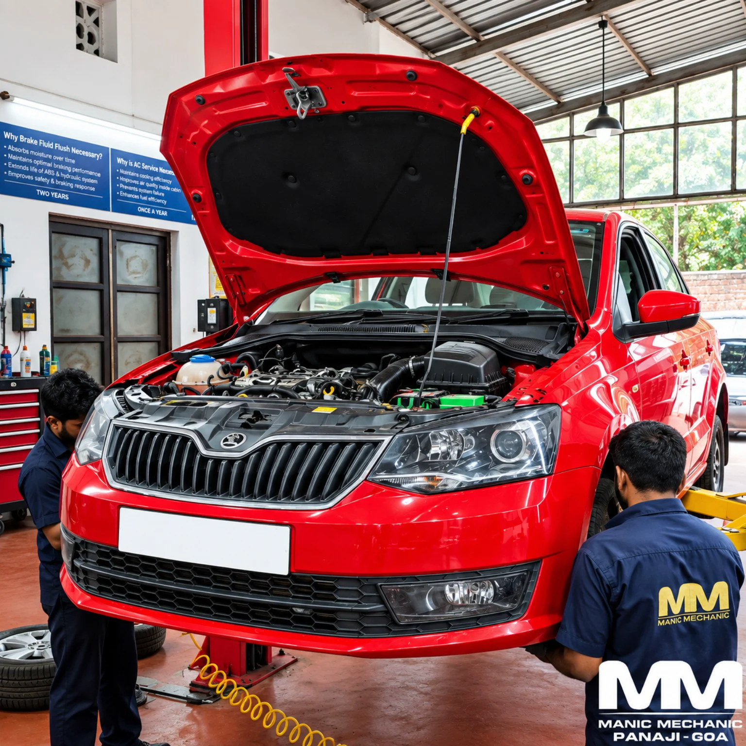 Red Skoda sedan receiving annual service at Manic Mechanic Goa