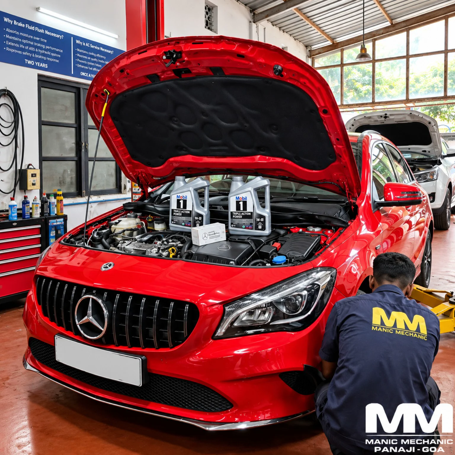 Red Mercedes-Benz receiving annual service at Manic Mechanic Goa