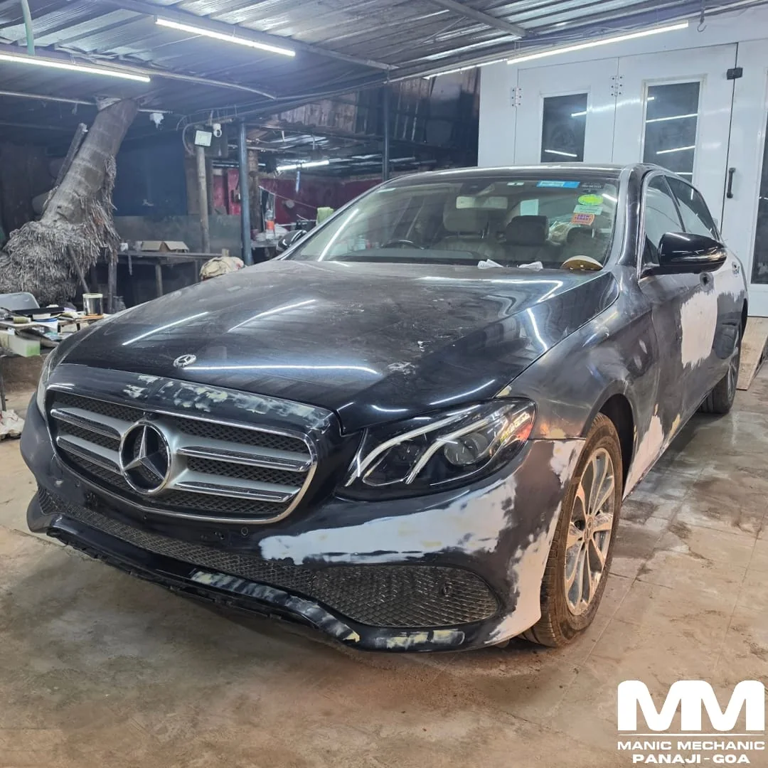 Mercedes-Benz body preparation and refinishing work at Manic Mechanic Goa
