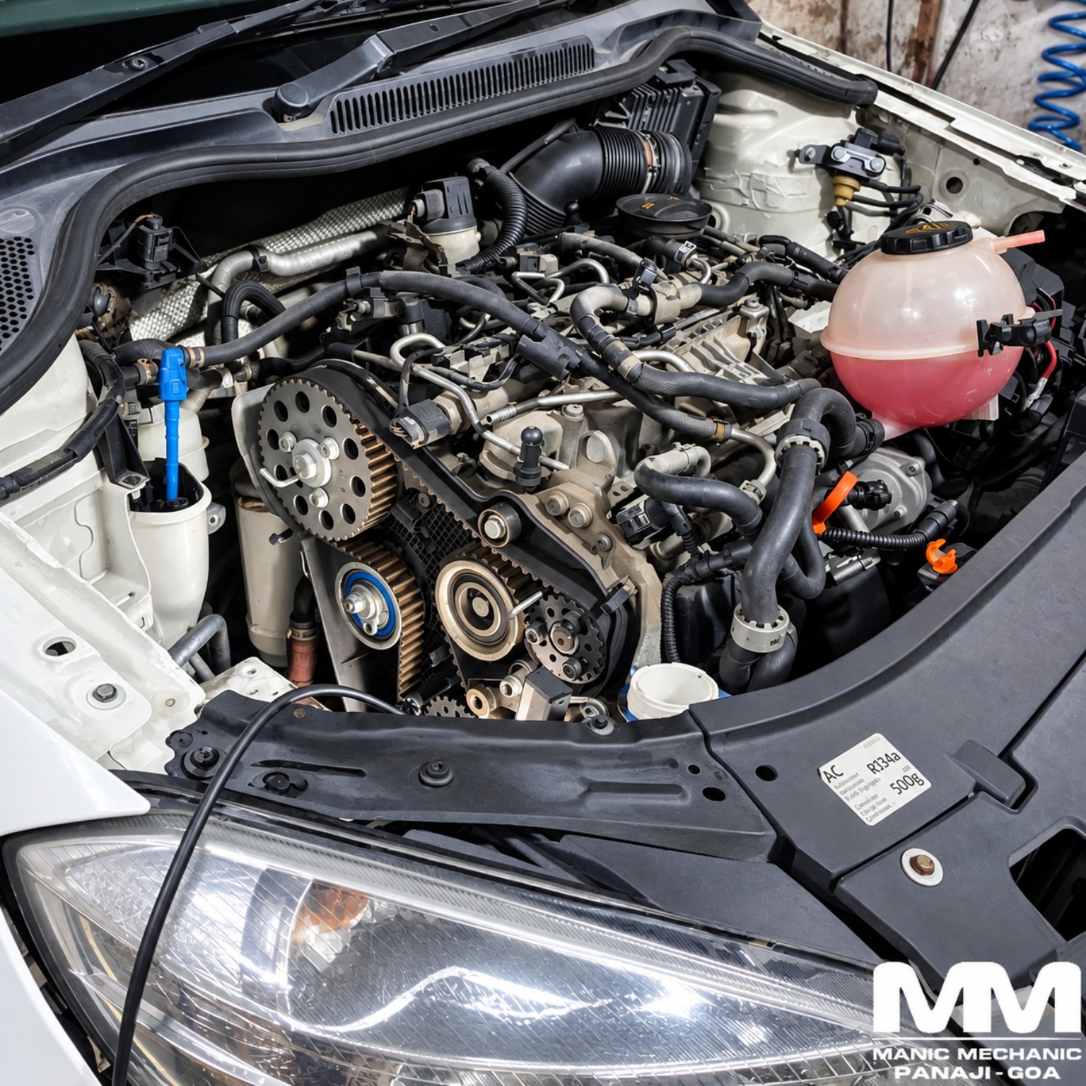 Engine timing belt components exposed during workshop maintenance